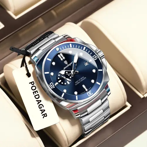 POEDAGAR, reloj de lujo a la moda para hombre, relojes luminosos resistentes al agua con fecha para hombre, reloj de pulsera de cuarzo de negocios de acero inoxidable para hombre