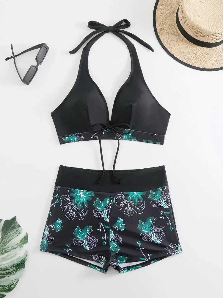 

2025 Summer High Waisted Bikini Sets Printed Swimsuit Shorts Female Swimwear Halter Beach Wear Two-piece Bathing Suit Woman