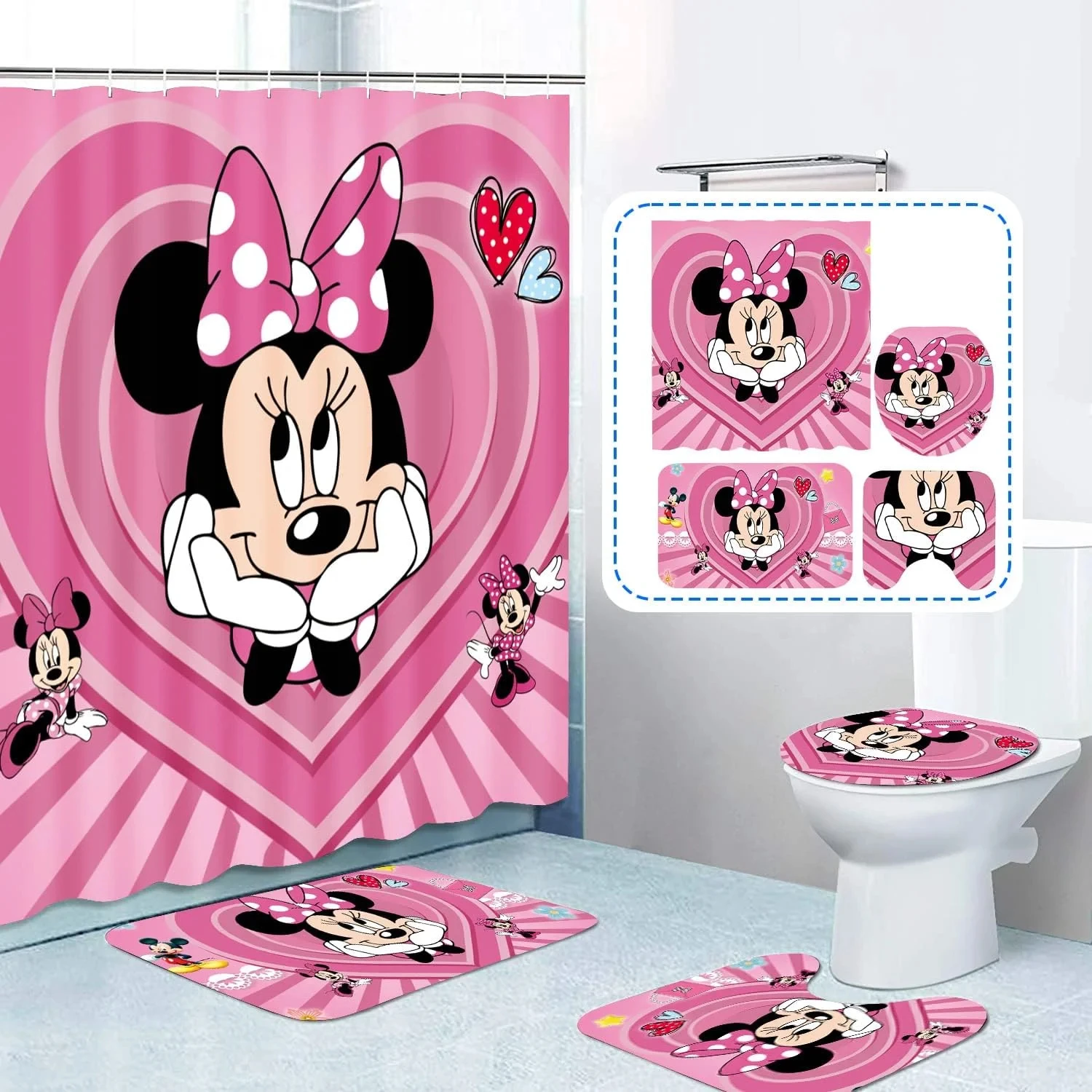 Mickey Minnie Mouse 4Pcs Cartoon Shower Curtain Set with Non-Slip Rug Toilet Lid Cover Mat Durable Waterproof with Hook Bathroom