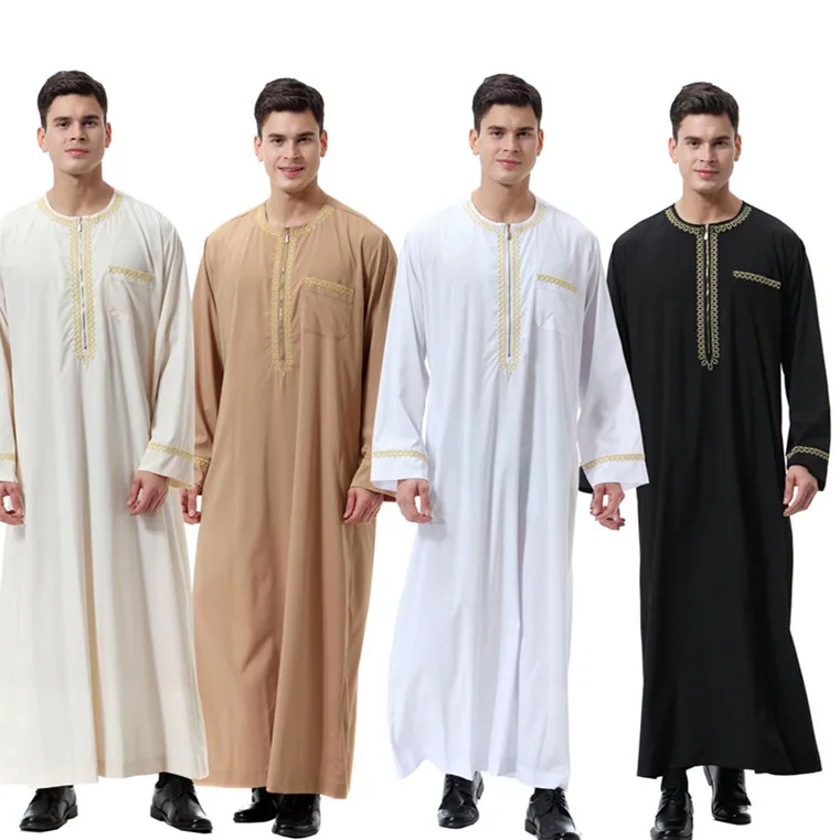 New Fashion Middle East Arab Men Long Sleeve O-neck Zipper Robe Male O-neck Ethnic India Long Shirt Casual Dress Robe