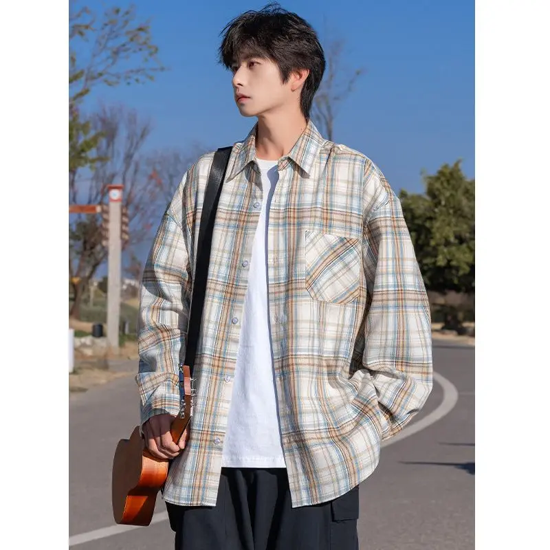 

Мужская свободная рубашка с длинным рукавом, модная, в стиле Гонконг, тонкая, повседневная, в клетку, для весны, лета, осени, из полиэфирного волокна, приталенного кроя