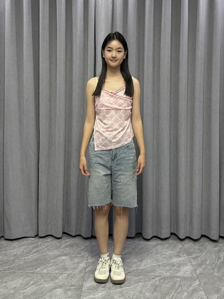 

Pink Plaid Slim Fit Crop Top Women's Summer Commute Sle Printed ort Length Faionable Vest for Fem K- Performers