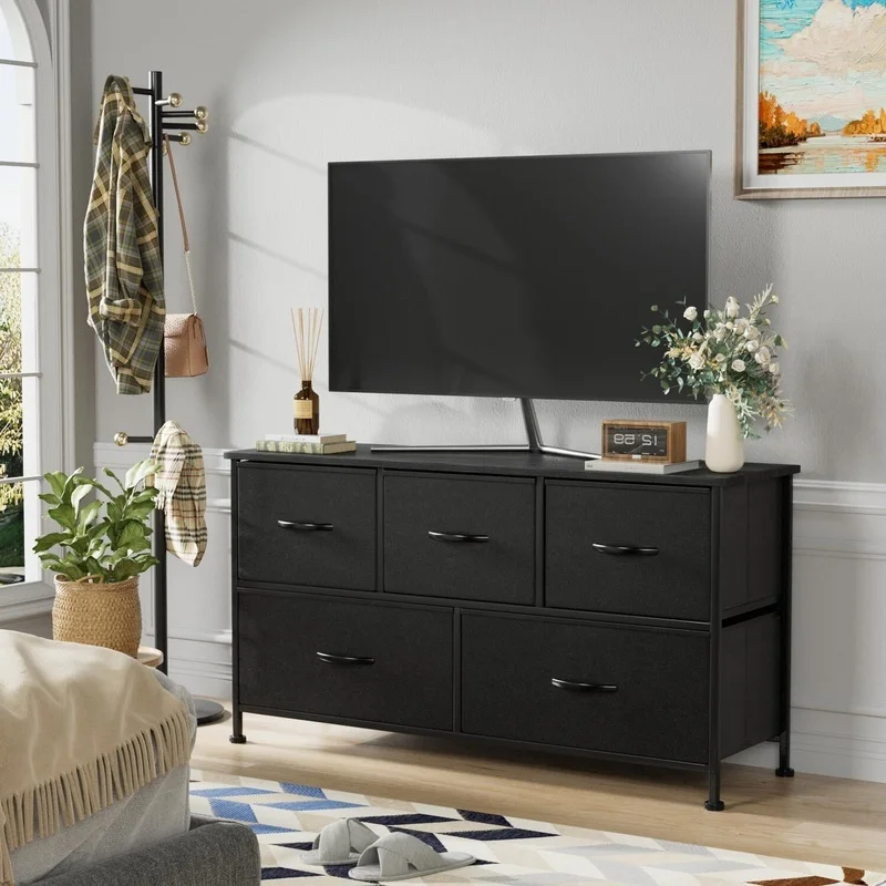

5 Drawer Fabric Dresser Chest Wide Storage Organizer Waterproof Wooden Top Adjustable Feet Modern Bedroom Furniture