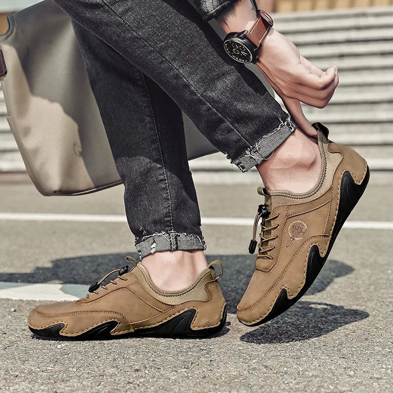 Casual Leather Shoes Men\'s Retro Fashion Round Head Plus Size Sneakers Autumn Korean Style Walking Flats Sapatenis Masculino