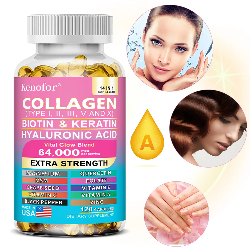 Kenofor Colágeno 1000mg con Biotina 10,000mcg, Queratina Ácido Hialurónico Vitamina C Fórmula Saludable Suplemento Dietético Sin Gluten