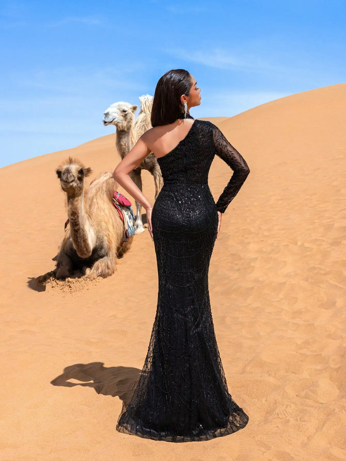 Haute Glamour Elegantes, perlenbesetztes One-Shoulder-Meerjungfrau-Abendkleid – taillierte Fischschwanz-Silhouette mit Hervorhebung der Kurven für Hochzeiten, G