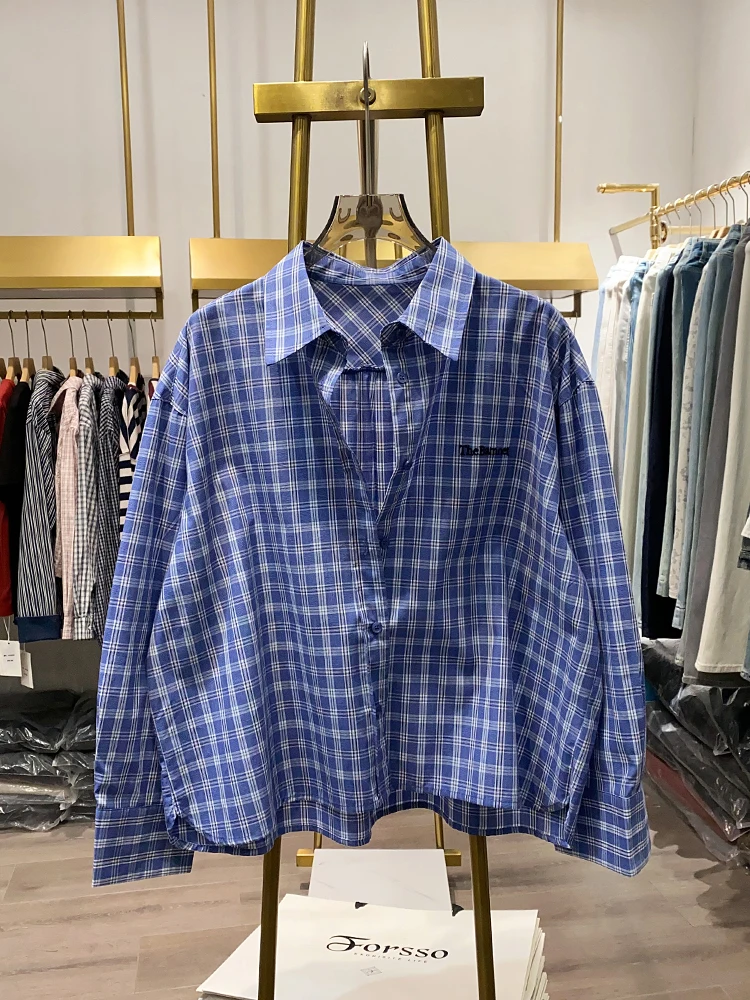 Loose Plaid Shirt Women's Base Layer Spring Autumn Korean Style Small Size Simple Blue Grid Shirt Girls Long Sleeve Button down