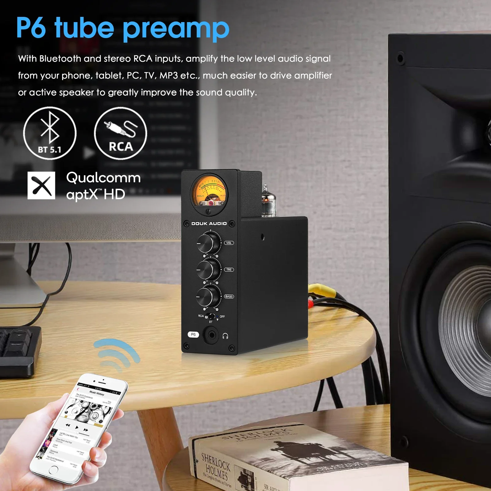 Douk Audio P6 HiFi JAN5654 Valve Tube Preamp Stereo Headphone Amplifier Bluetooth 5.1 Receiver Audio Amp with VU Meter