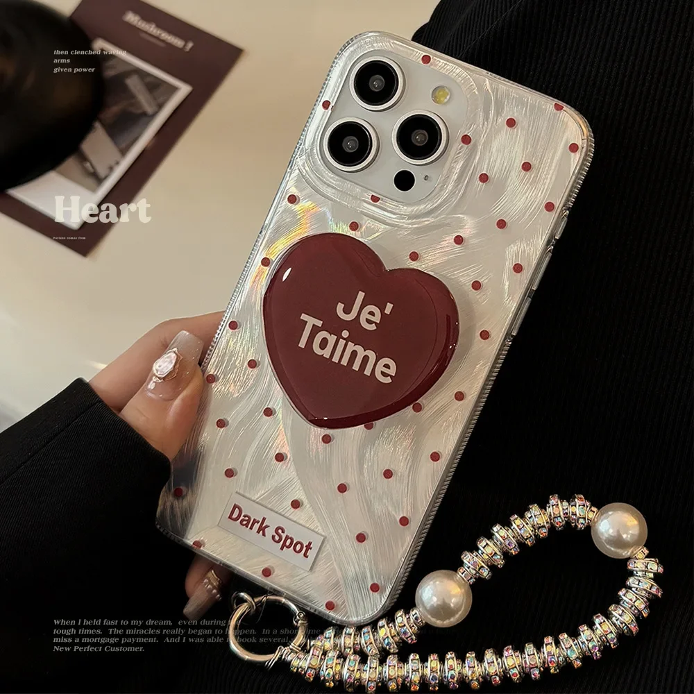 Retro Style Red Heart Bracket Shining Phone Case for IPhone16 15 14 12 13 11 Pro ProMax Plus X XR Shockproof Phone Cover