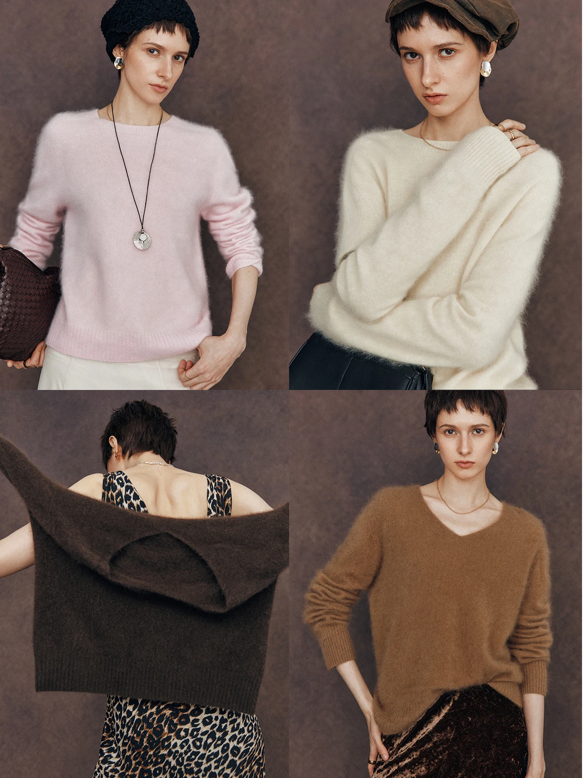 

Warmth Seamless One-Piece Wool Cashmere Fleece Knitted Base Shirt round Neck V-Neck Sweater Pink Women's Casual Long Sleeve
