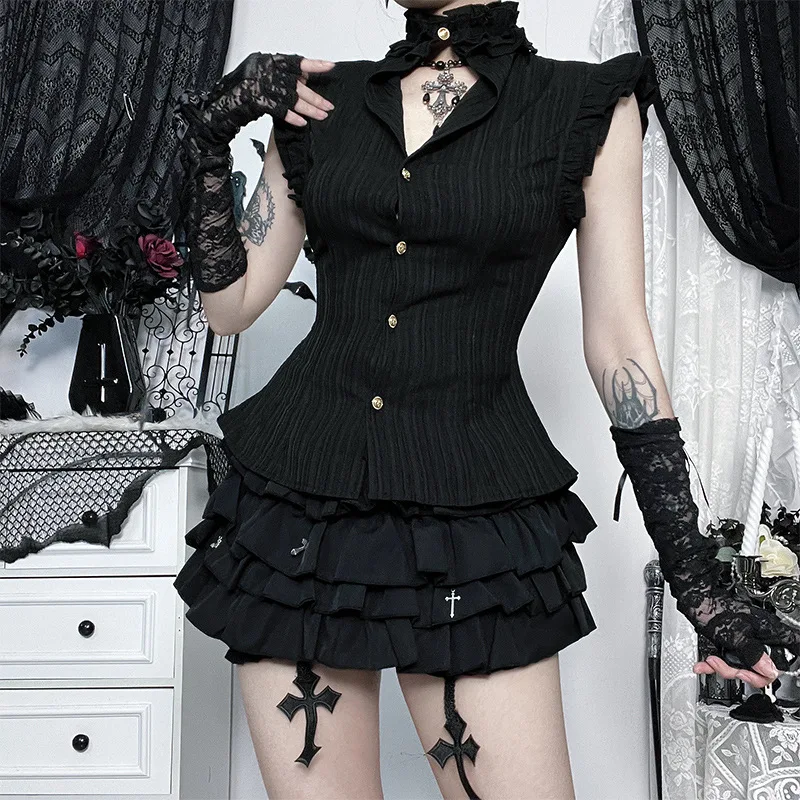 

2025 New Vintage Dark Y2k Grunge Single Breasted Slim Shirt Blouses Women Alt Teachwear Gothic Stringy Selvedge Sleeveless Tops