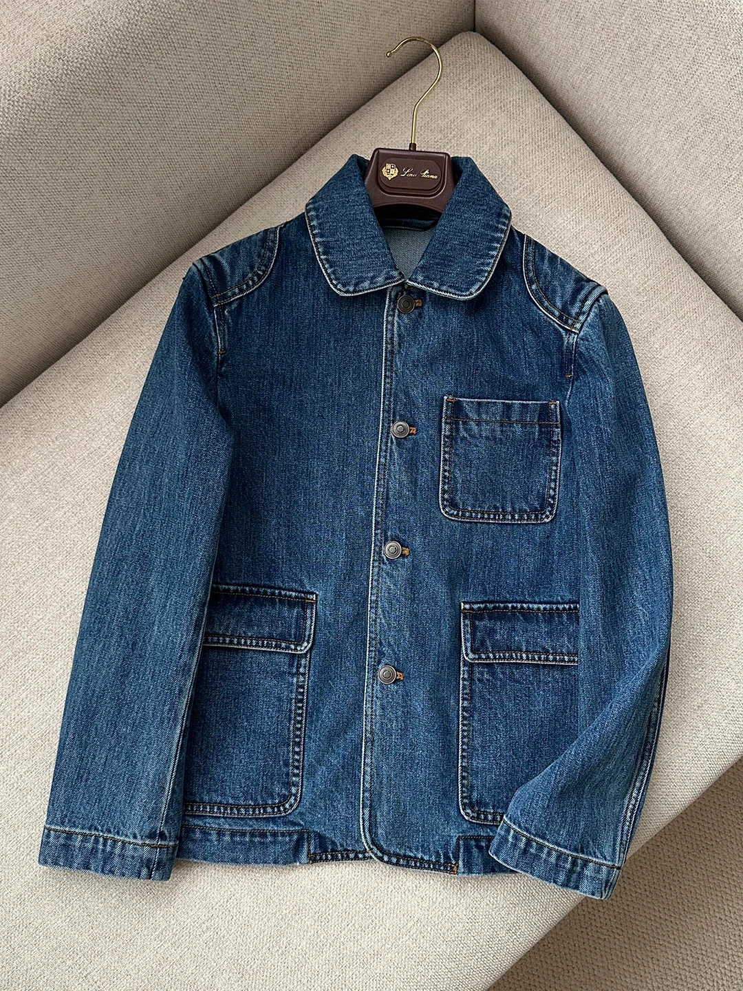 Retro Style Women's Denim Jacket Multiple Pockets Washed Shoulder Casual Workwear Coat Long Sleeve Mid-Length Pure Color