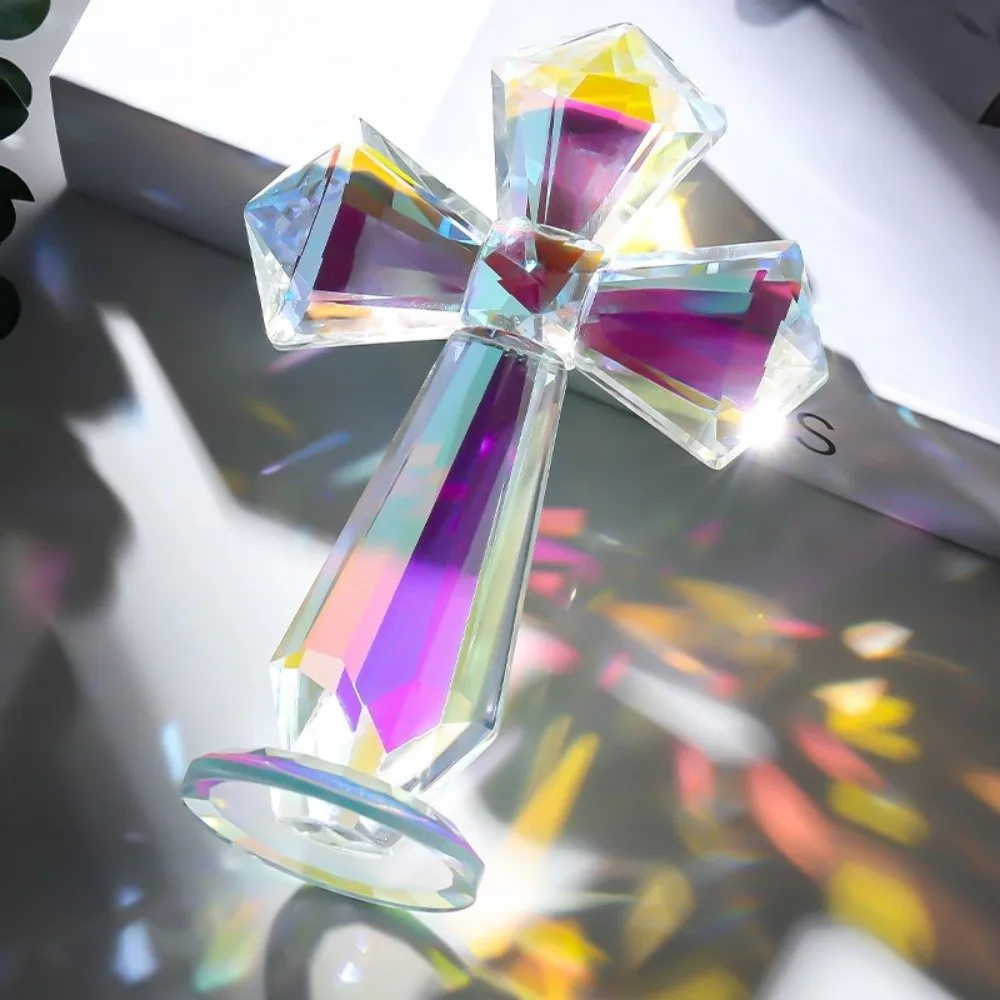 Hand-Carved Crystal Cross 360° Faceted Design Standing Ornament Religious Figurine AB Color Crystal Spiritual Gift Christians