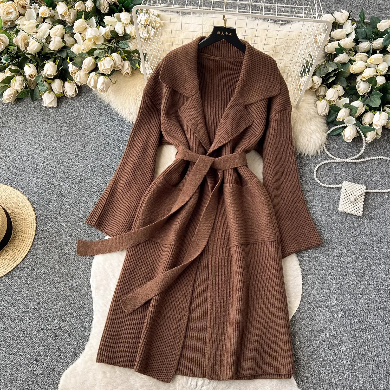 Coffee Long Cardigans Women Pocket Elegant Chic Long Knitwear Ladies Open Stitch Thicken Knitted Cardigan Streetwear Autumn