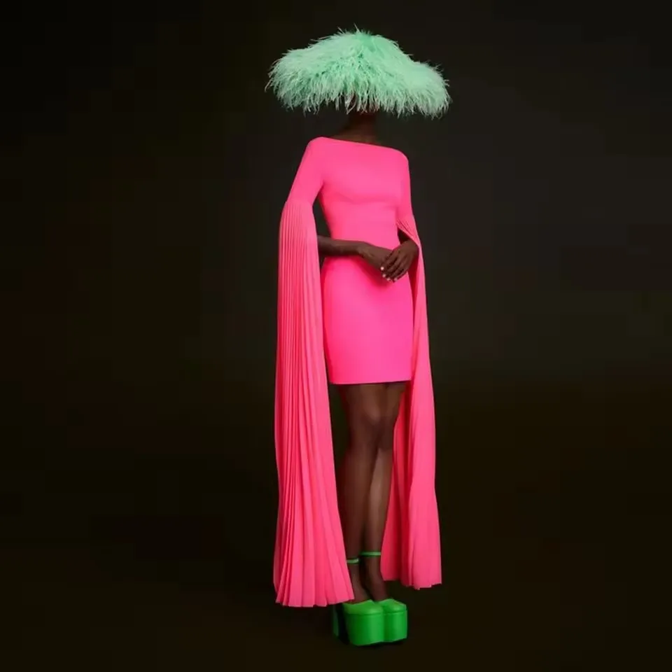 

2025 Folds Puff Long Sleeves Fashion Fuchsia Short Party Dress New Couture Hot Pink Stretchy Short Women Dresses