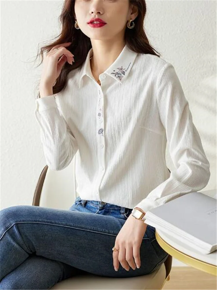 100% Cotton Shirt Women's Blouses Embroidery Shirt For Women National Art Versatile Slim Top Long Sleeve Leisure Female Shirts