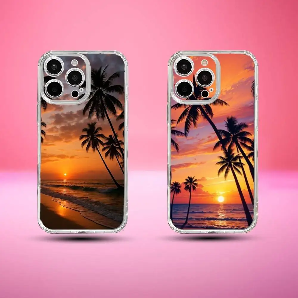 

Sunset Coconut Tree Phone Case For iPhone17,16,15,14,13,12,11 Plus,Pro Max Soft Transparent Cover