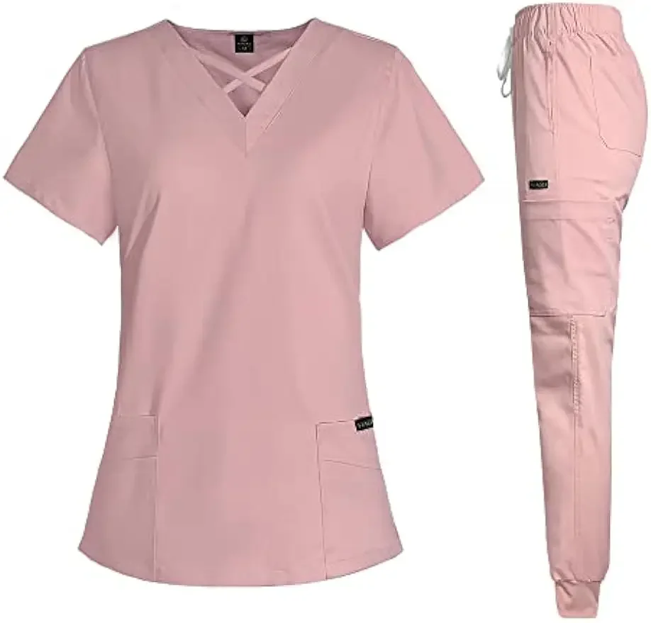 Scrubs for Women Set Modern V-Neck Top & 8 Pocket Jogger Pants Athletic Nursing Uniform Solid Stretch Workwear