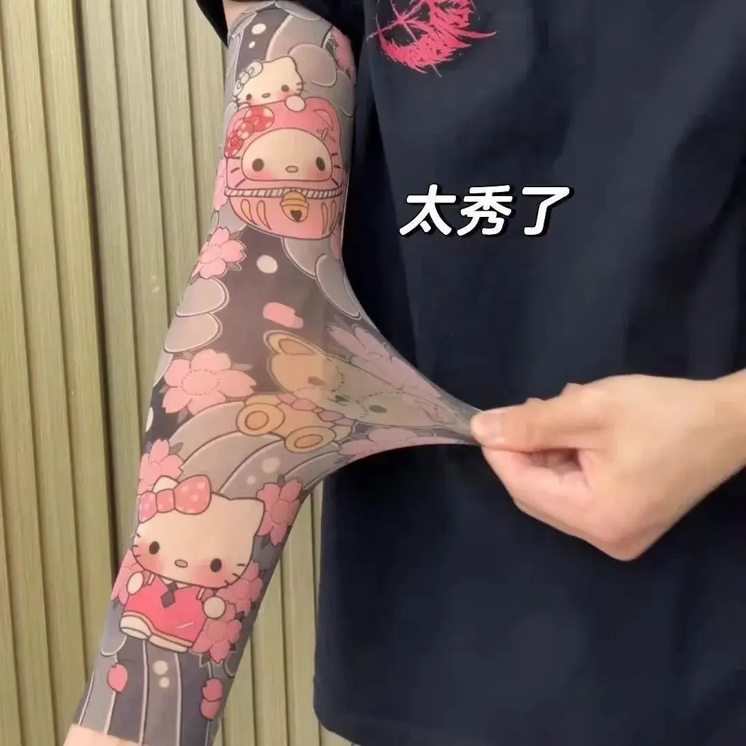 A Pair Hello Kitty Ultra-Thin Seamless Ice Sleeve Tattoo Design SunscreenUV ProtectionCuff Unisex Material Resistant Accessories