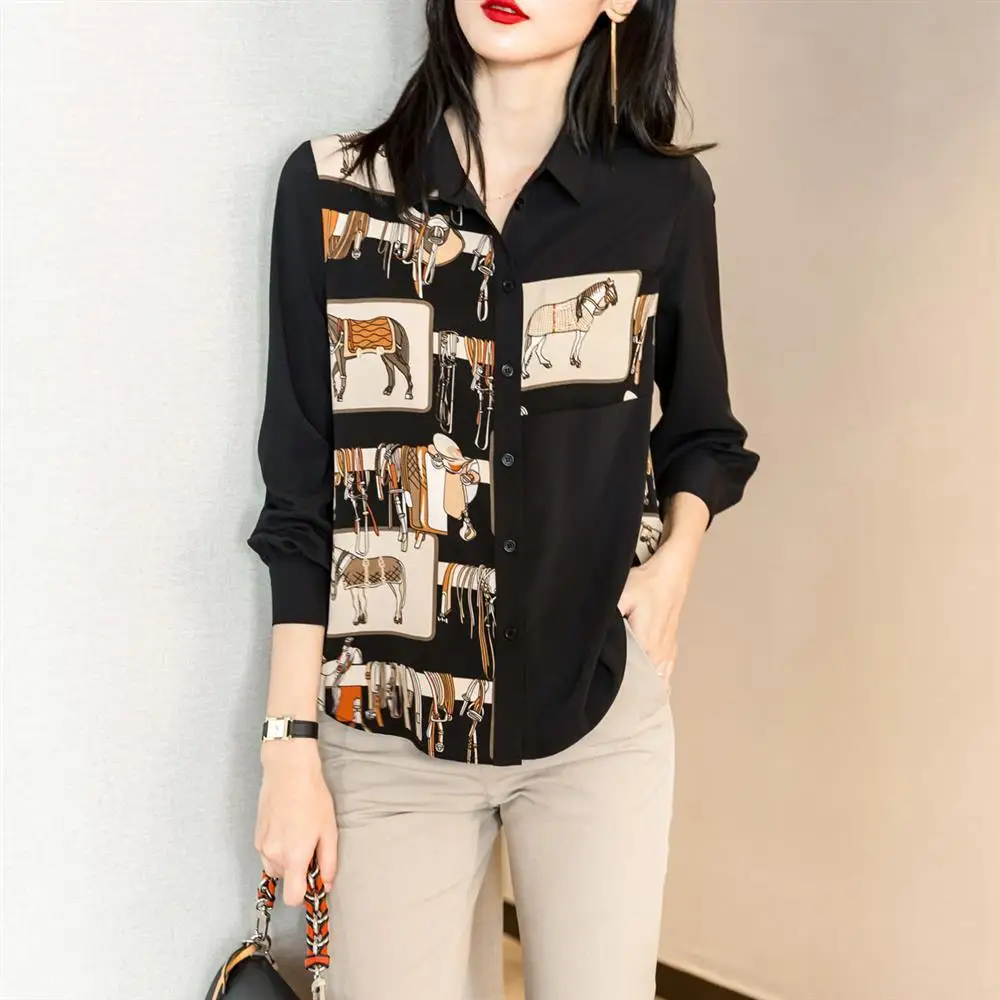 Fashion Women\'s Polo-Neck Printed Vintage Chiffon Blouse Spring Autumn Female Clothing Korean Loose Long Sleeve Button Shirt