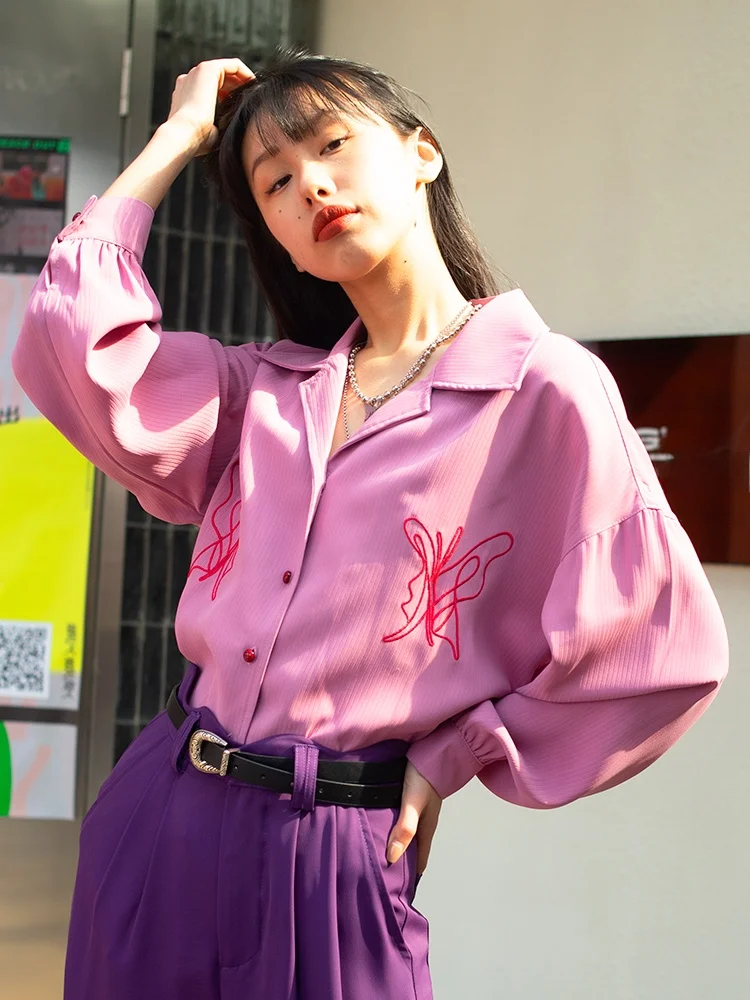 

Bantong Retro Raspberry Embroidery irt Loose Fit Long Sve Collar Regular Length Polyester Spring 2023