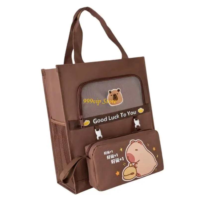 

C90C Canvas Bag Cartoon Print Bag Books Bag with Side Pockets Detachable Pen Case Pencil Bag Top Handle Bag School Supplies