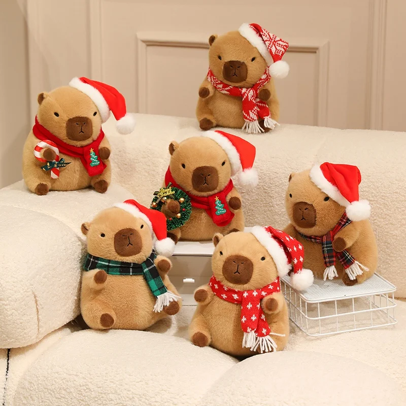 New Christmas Decor Cartoon Plush Christmas Capybara Soft Stuffed Animal Xmas capybara Dolls for Kids Xmas Gifts Party Decor