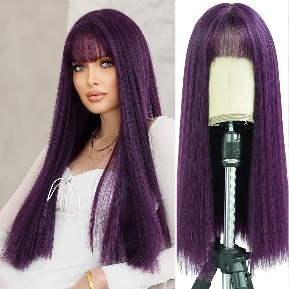 Peruca Sintética de Alta Qualidade de 26 Polegadas com Franja, Adequada para Uso Diário, Festas e Apresentações, Resistente ao Calor, Estilo Lolita