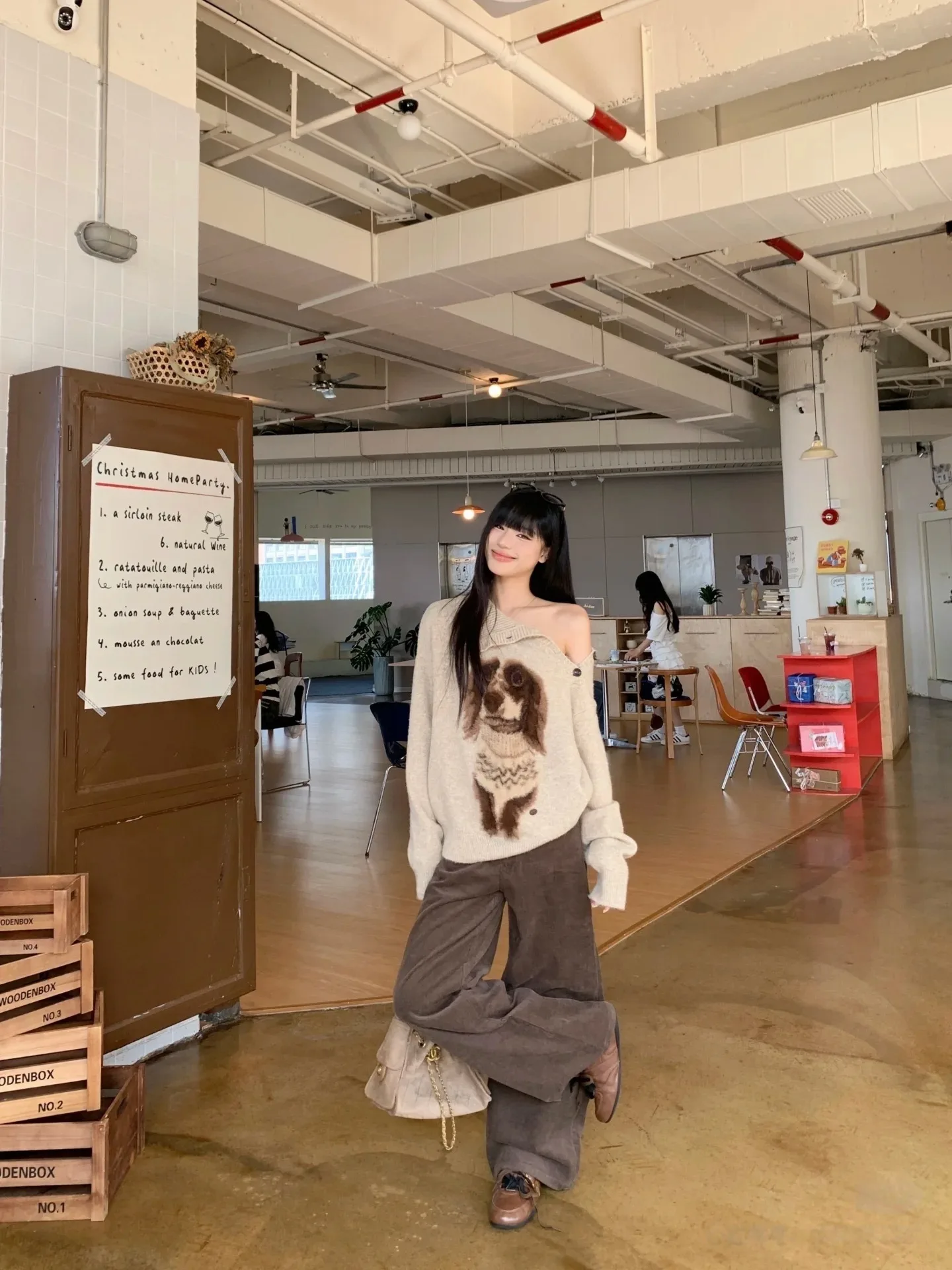 لطيف الكلب طباعة عالية الياقة فضفاضة المرأة سترة الخريف الشتاء جديد Sle oulder عارية شيك تصميم الحلو Sle القطن طويل S...