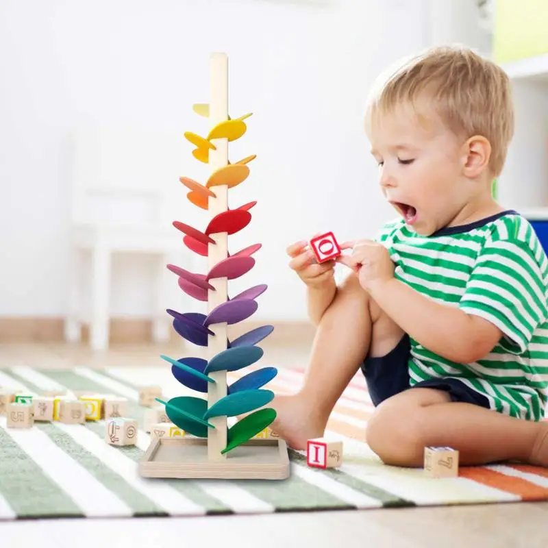 Kleurrijke Boom Marmeren Bal Run Track Regenboog Muzikale Boom Leren Educatieve Speelgoedblokken Voor Kinderen Montessori Houten Speelgoed