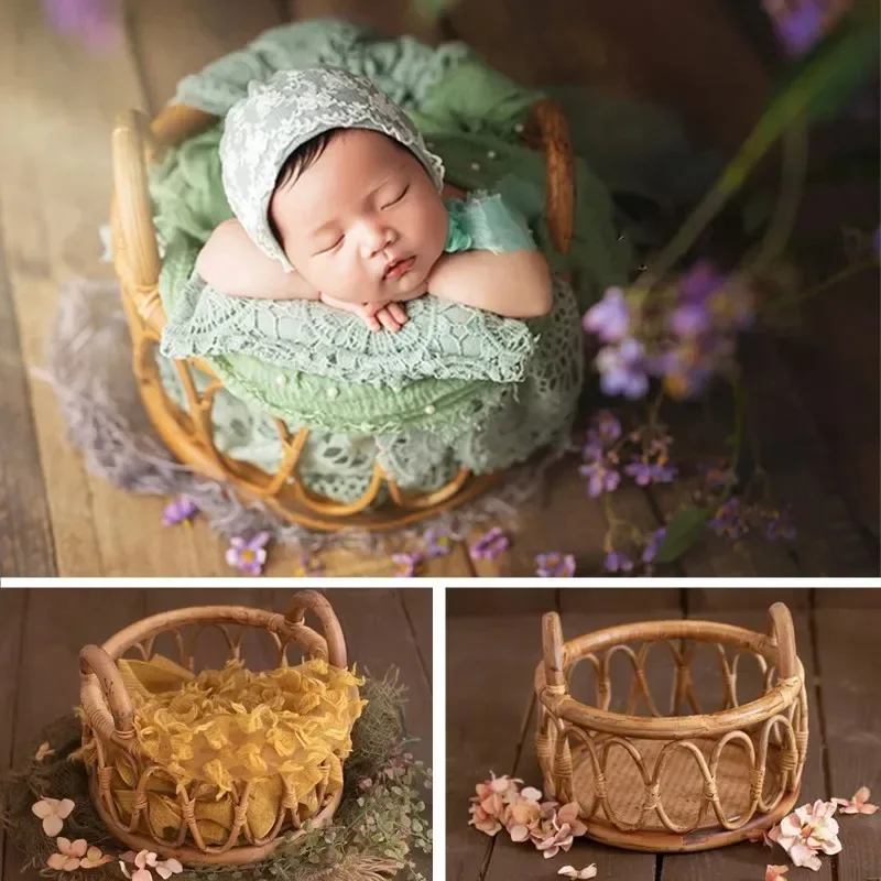 Cesta Redonda Tejida Retro con Asa, Accesorio para Posar, Ideal para Retratos, Decoración de Fondo, Arreglo de Fotografía de Estudio