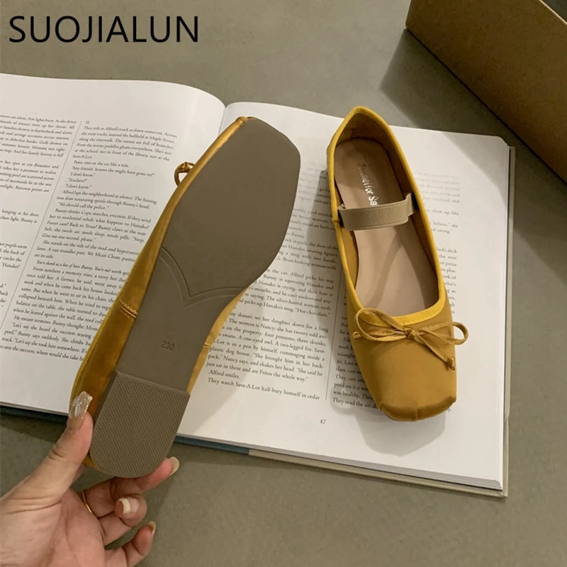 SUOJIALUN 2023 Autumn Women Flat Shoes Fashion Skin Ladies Elegant Shallow Round Toe Ballet Shoes Soft Casual Flat Dress Mary Ja