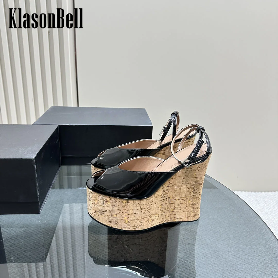 7.22 KlasonBell Europe America Fashion High Heel Women Sandals Patent Leather Sexy Peep Toe Wedges Sandals 2024 Summer New