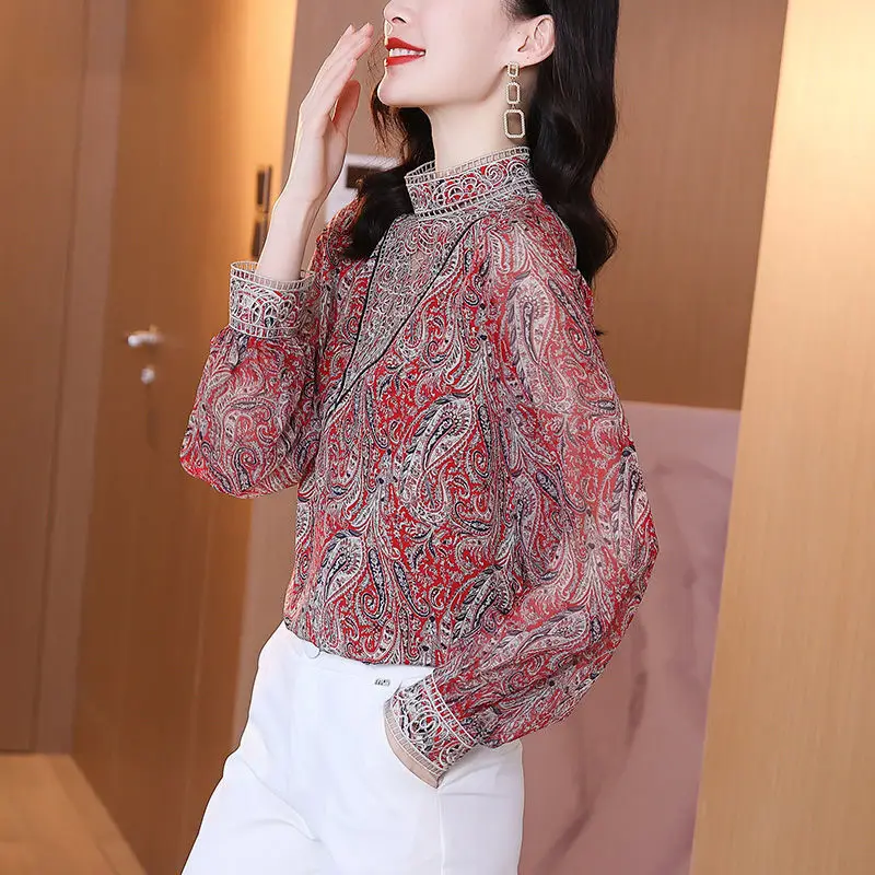 Fashion Vintage Paisley Printed Chiffon Shirt Spring Autumn Lace Embroidery Female Elegant Hollow Out Loose Stand Collar Blouse