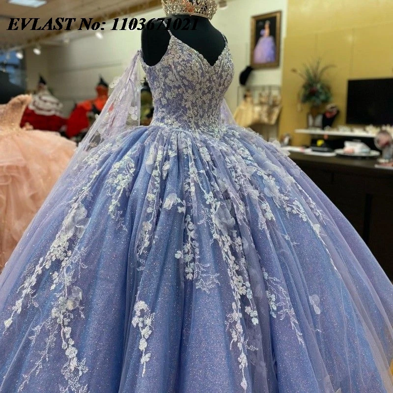 Evlast Glanzend Blauw Quinceanera Jurk Baljurk Witte Bloemen Applique Kralen Met Cape Sweet 16 Vestidos De Xv 15 Anos Sq64