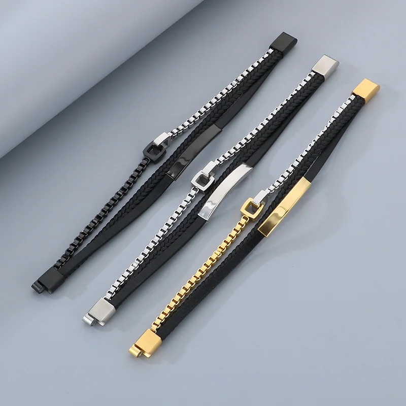Creative Square Charm Cowhide Bracelet for Men Hip Hop Golden Stainless Steel Leather Bracelet Personalized Trend Jewelry Gift