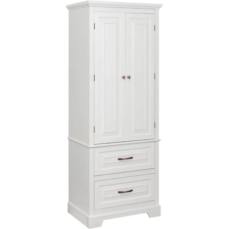 2 Door Linen Cabinet St.with Crown Molding, 2 Drawers, & Bronze Hardware, Narrow Bathroom Storage Cabinet, White