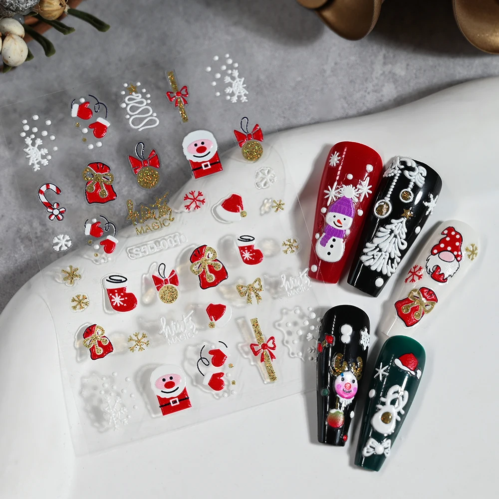 2 Stuks 5D Emboss Winter Kerst Nail Stickers Goud Poeder Sneeuwvlok Kristallen Bol Ontwerp Slider Decals Diy Xmas Nail Art levert