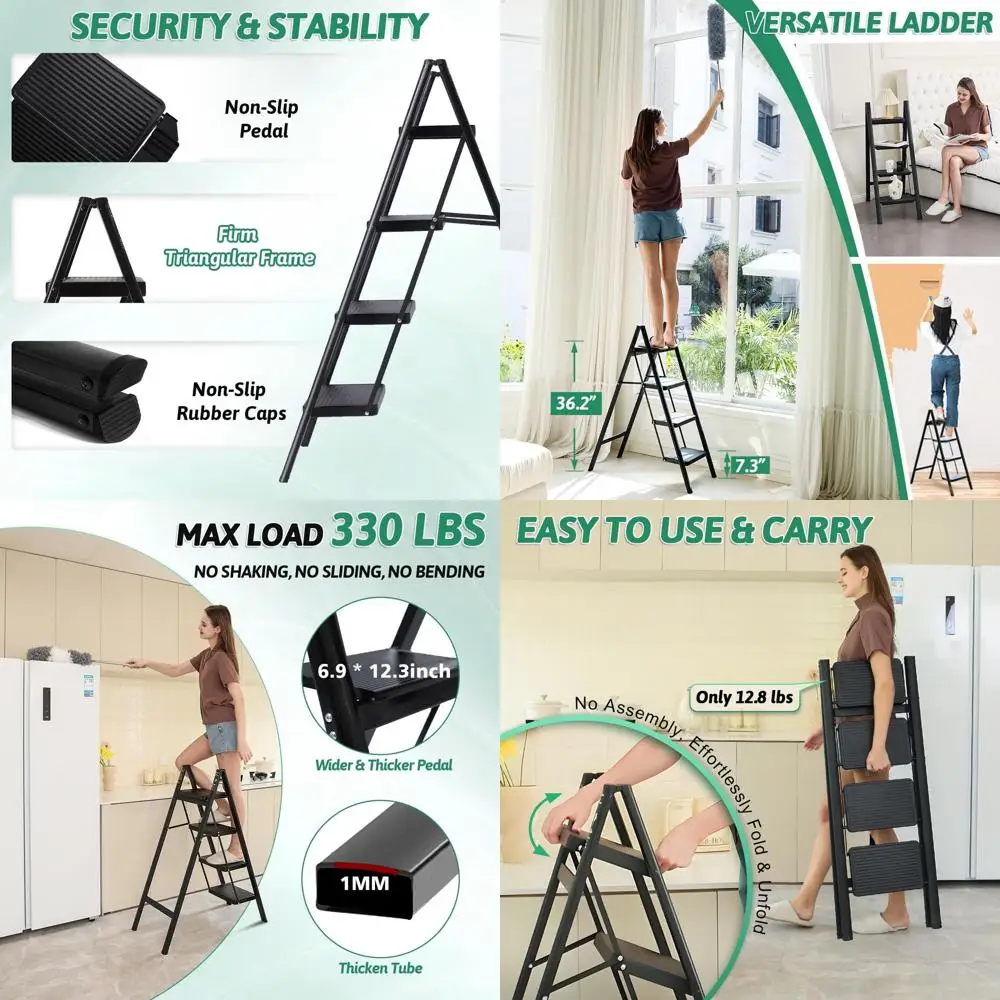 

4 Step Ladder olding Step Stool, Heavy Duty 330 Lbs Load Step Ladders or Home, Tall Kitchen/Closet Stepladder or Adults, Black S