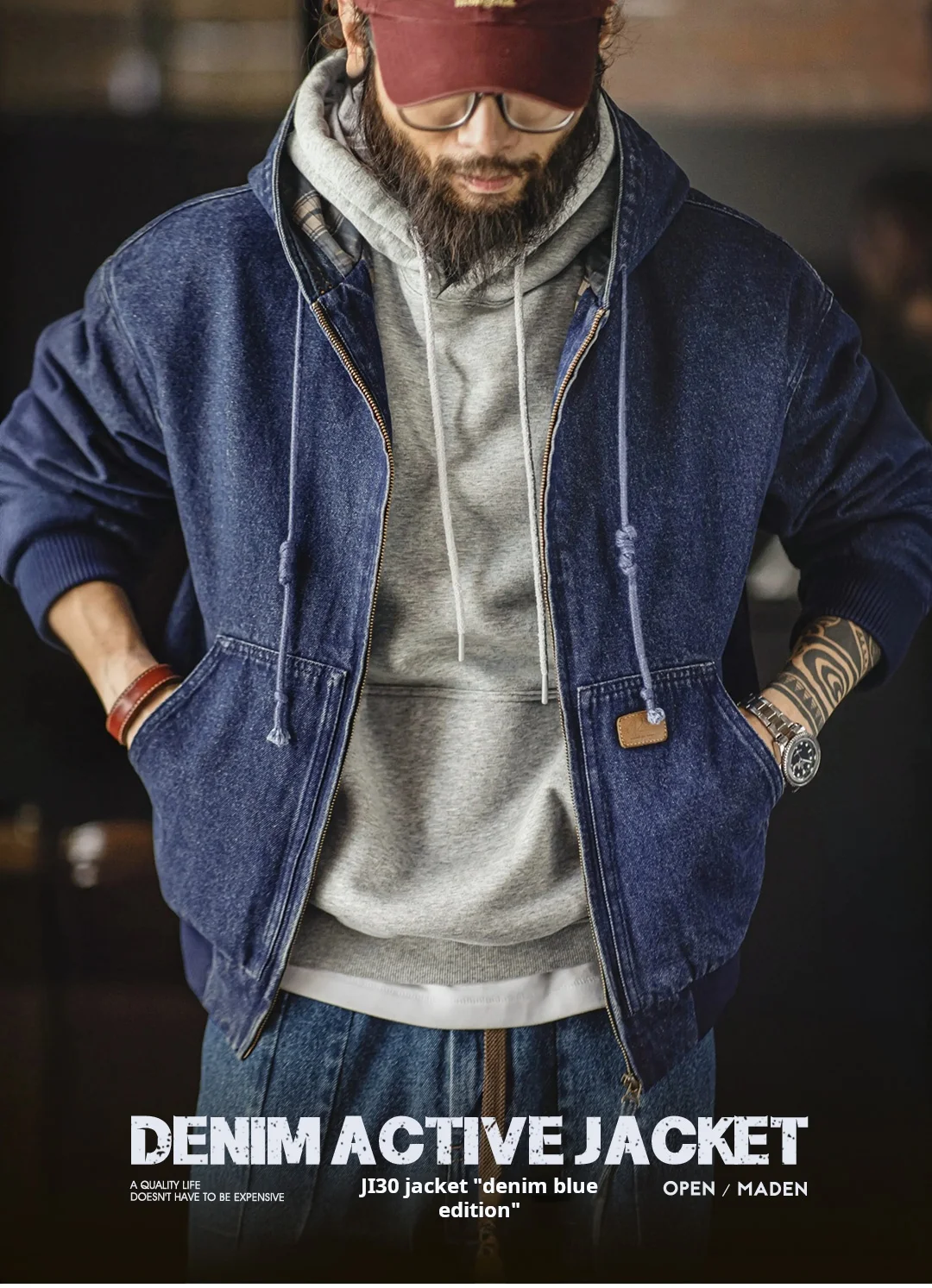 Maden Retro Men's J130 10.5oz Denim Jacket Heavyweight Washed Aged Hooded Jacket Zipper Work Coat with Large Pockets for Fall 19 Sb216687af9734d1391d7c1e9a2a1080aW