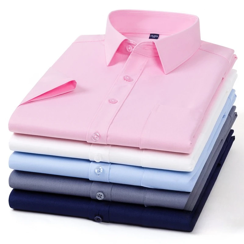 Plus size 7XL Bamboo fiber summer short sleeve shirts for man slim fit formal plian soft anti-wrinkle office white pink clothes