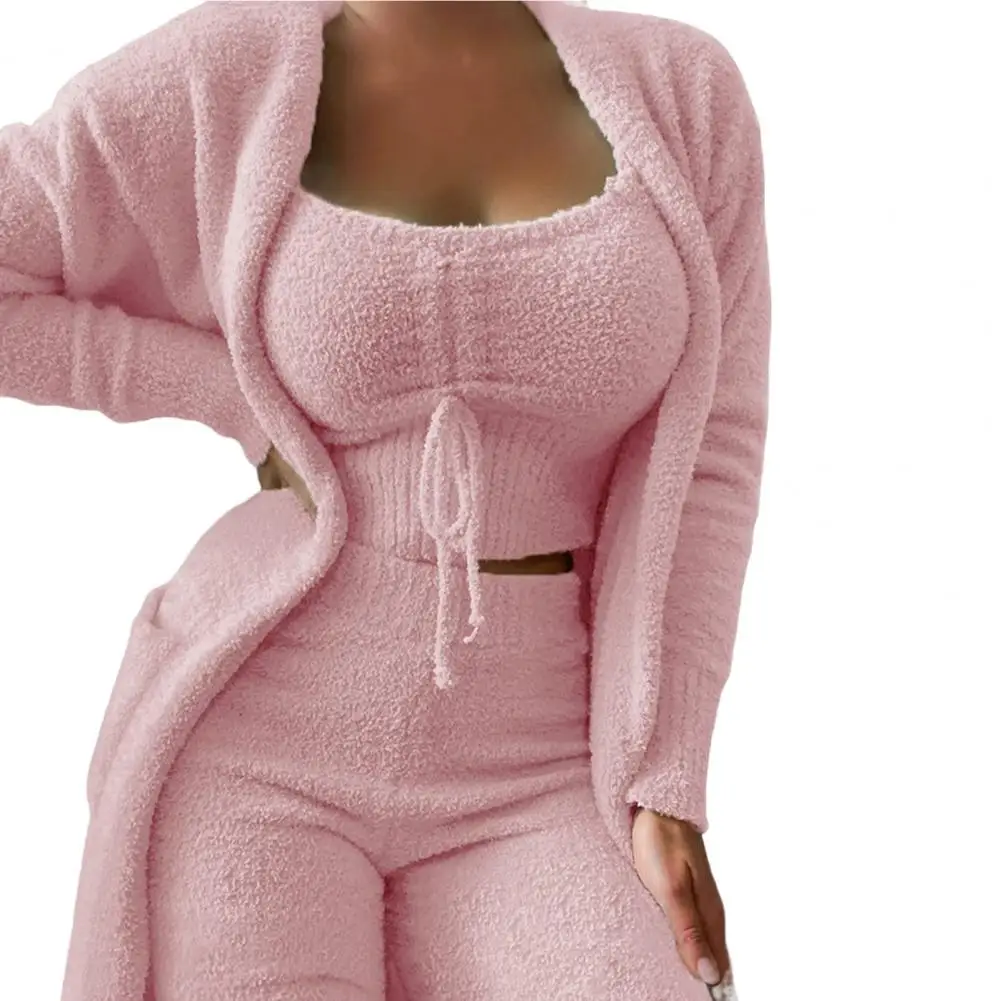 3 Pcs/Set Women Pajamas Set Solid Color Plush Crop Tops Trousers Set Thermal Short Tops Warm Long Coat Pants Suit For Sleeping