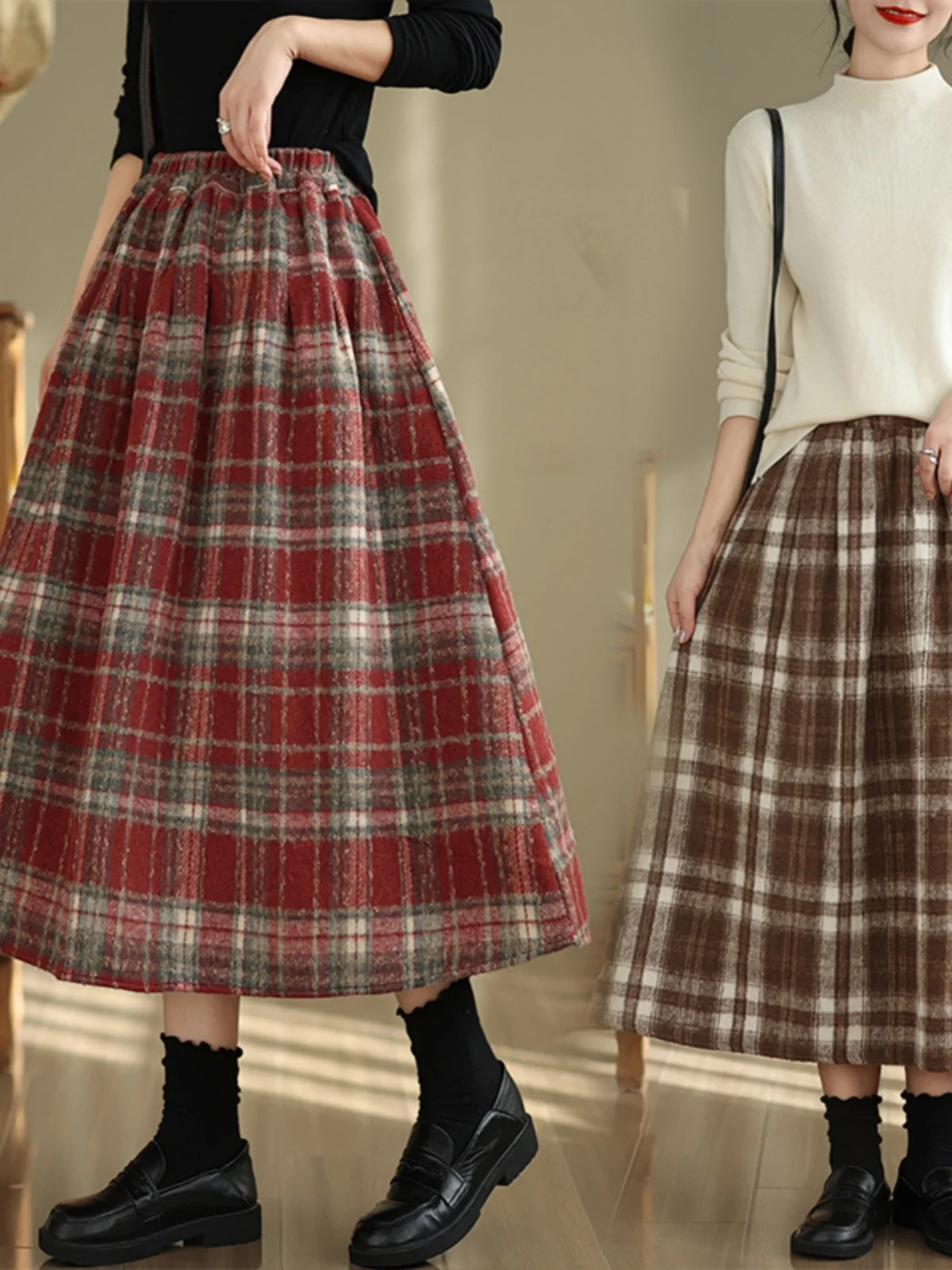 

Шерстяная юбка-миди в клетку А-силуэта для женщин, винтажный художественный дизайн, для повседневной носки, подчеркивающая фигуру