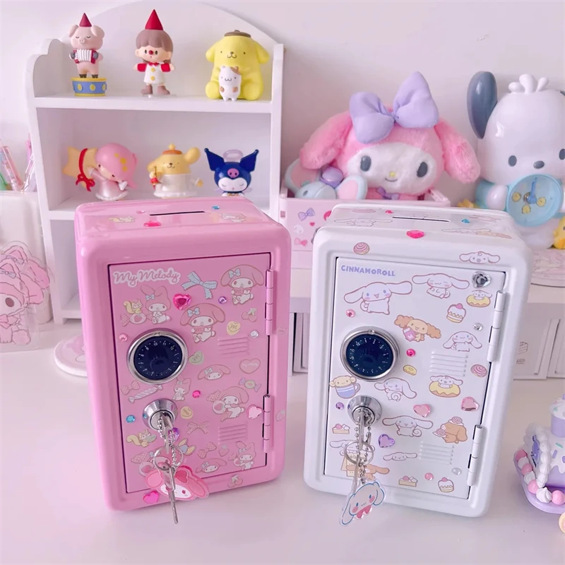 Sanrio Kawaii Hello Kitty Piggy Bank Anime Cinnamoroll Ins Desktop Iron Coin Change Safe Decorative Sticker Storage Key Cabinet