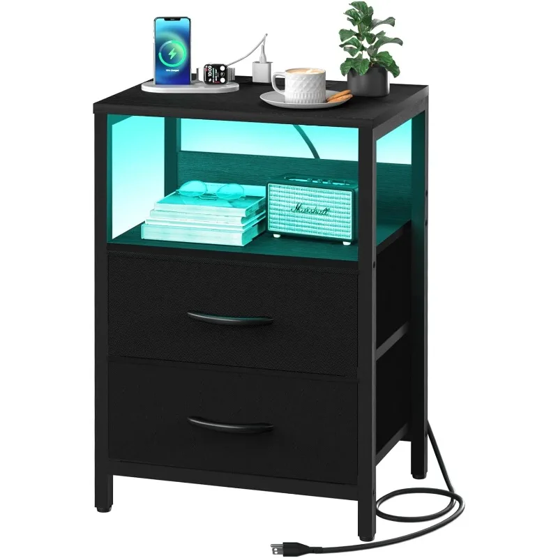 

Nightstand with Charging Station, LED Night Stand with Fabric Drawers and Storage Shelf for Bedroom, Nightstands Bedside Tables