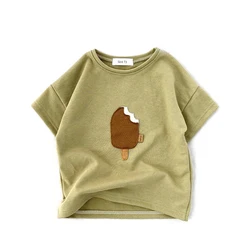 T-shirt à manches courtes en coton pour enfant, vêtement d'été pour bébé garçon et fille, avec impression de crème glacée et dessin animé