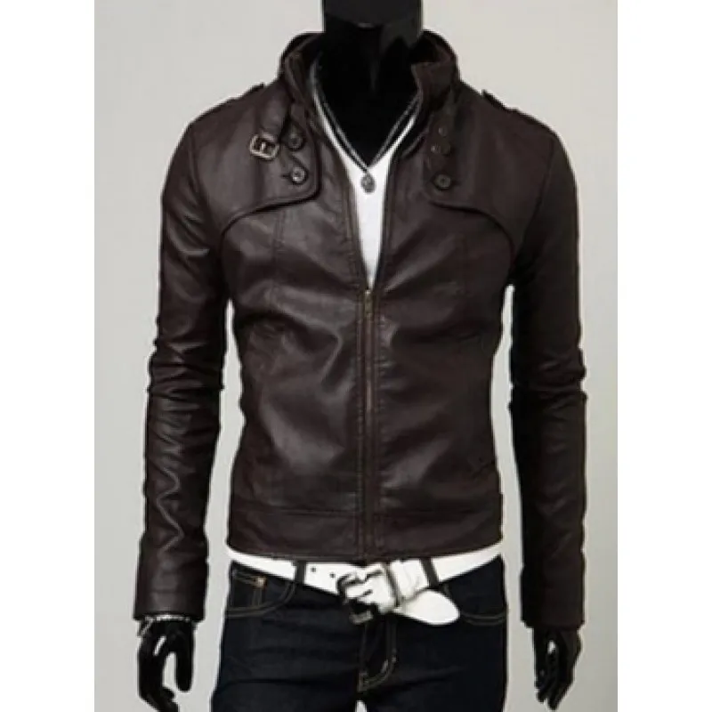

Men's Leather Jaet Winter Coat Youth Faion Casual Sle Zipper Closure Stand Collar Folded Texture Fake Leather Coat