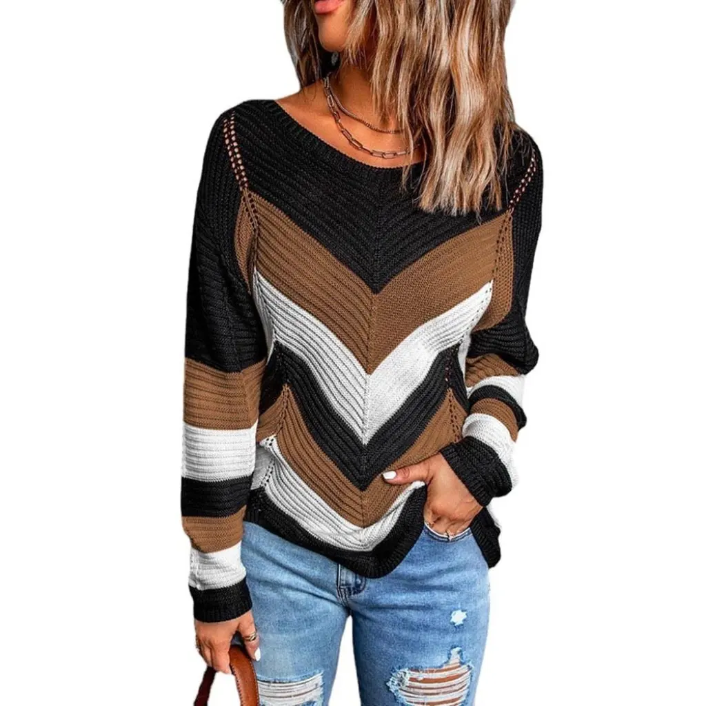 

Wish2024 Loose Knitted Sweater Color Matching Autumn Winter New Top for Women Snow Color Trendy Female Pullover