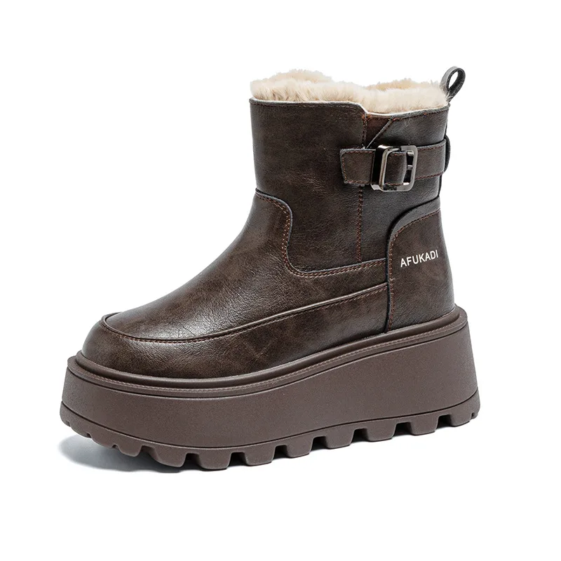 

7cm Chelsea Cow Genuine Leather Snow Boots Women Chelsea Boots Shoes Women Ankle Booties Platform Wedge Flats Winter Plush