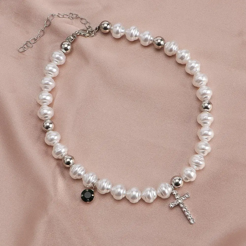 Vintage Pendant Crystal Cross Fashion Neck Jewelry Simulated Pearl Korean Style Necklace Woman Clavicle Choker